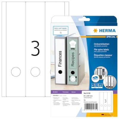 Abbildung von HERMA 5135 Ordnerrücken Etiketten lang breit, 25 Blatt, 61 x 297 mm, 3 pro A4 Bogen, 75 Stück, selbstklebend, bedruckbar, blickdicht, blanko Papier Ordneretiketten Rückenschilder Aufkleber, weiß