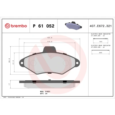 Abbildung von BREMBO P 61 052 Bremsbelagsatz inkl. Verschleißwarnkontakt ohne Zubehör CITROËN: Xantia Schrägheck, Kombi
