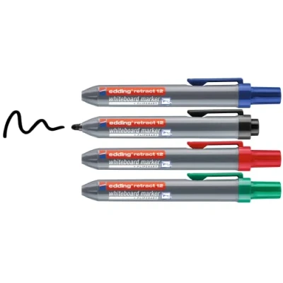 Abbildung von edding 12 Retract Whiteboardmarker schwarz,rot,blau,grün 4 Whiteboard Stifte Rundspitze 1,5 3 mm kappenloses Design für die einhändige Bedienung auf Whiteboard,Flipchart,Magnettafel,Pinnwand
