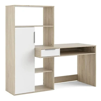 Abbildung von Multifunktionsschreibtisch mit Bücherregal, Schublade und Tür, Farbe Weiß Eiche, 162 x 155 60 cm