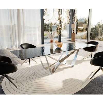 Abbildung von Esstisch Edge 300x100 Reliefglas Rauchschwarz 3D Design Spider Flachstahl Edelstahl