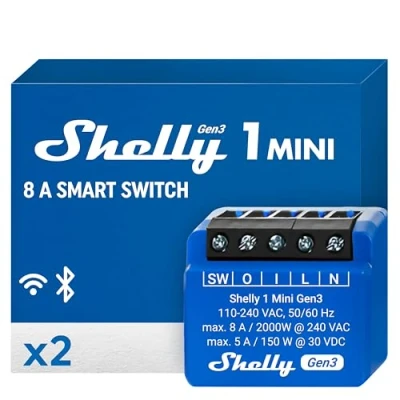 Abbildung von Shelly 1 Mini Gen3 WLAN und Bluetooth Smart Relais Schalter mit Trockenkontakt Kanal 8A Lichtsteuerung Alexa Google Home iOS Android App Kein Hub erforderlich (2er Pack)