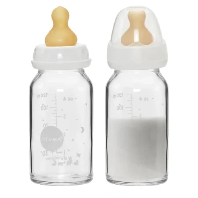 Abbildung von HEVEA Standard Hals Glasflasche Baby Langsame Strömung Anti Colic Babyflaschen Neugeborene 0+ Monate BPA frei, Zweierpack (120 ml)