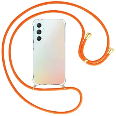 Abbildung von mtb more energy® Handykette kompatibel mit Samsung Galaxy S23 FE Neon Orange/Goldfarbene Ösen Smartphone Hülle zum Umhängen Anti Shock Full TPU Case