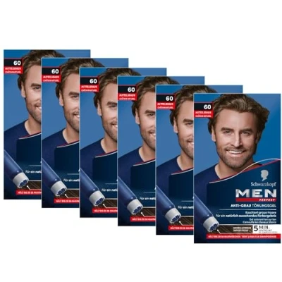 Abbildung von Schwarzkopf Haartönung Men Perfect 60 Mittelbraun hält bis zu 28 Haarwäschen, Vorratspack, 6 tlg., 6x 80 ml, Anti Grau Tönung für ein natürlich aussehendes Ergebnis