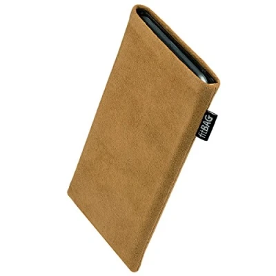 Abbildung von fitBAG Classic Sand Handytasche für Apple iPhone 15 Pro Max Tasche aus original Alcantara mit Microfaserinnenfutter Hülle Reinigungsfunktion Made in Germany
