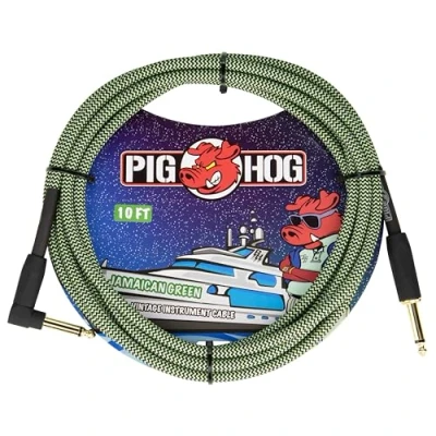 Abbildung von Pig Hog Vintage Serie Instrumentenkabel, Jamaican Green, 3m/10ft, 6.35 (1/4) auf (1/4), Hochwertige Qualität, Gewebt, Winkelstecker