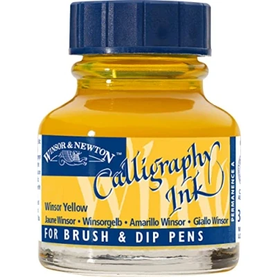 Abbildung von Winsor &amp; Newton 1111730 Kalligraphie Tuschen (für Füllfederhalter oder Schreibfedern, untereinander mischbar, lichtecht, beständige Farbe) 30 ml Flasche winsorgelb