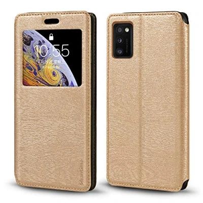 Abbildung von Schutzhülle für Samsung Galaxy A41, Holzmaserung, Leder, mit Kartenhalter und Fenster, Magnetverschluss, A41 (Gold)