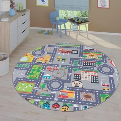 Abbildung von TT Home Kinderzimmerteppich Teppich Junge Mädchen Kinderteppich Baby rutschfest Straße, Farbe: Grau, Größe:80x150 cm