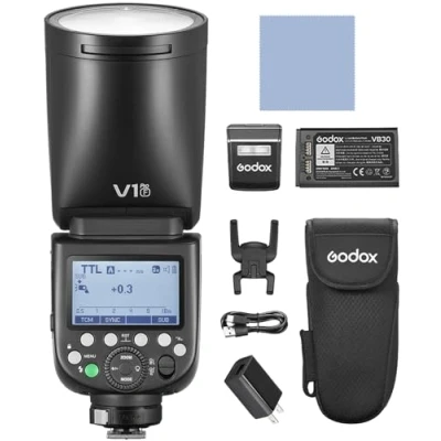 Abbildung von GODOX V1PRO F 2,4 G kabelloser Kamerablitz Speedlite 1/8000 s HSS, 1,3 Ladezeit mit M/TTL Blitzmodus, 10 Stufen einstellbare Helligkeit, unterstützt Typ C Stromversorgung für FUJIFILM Kameras