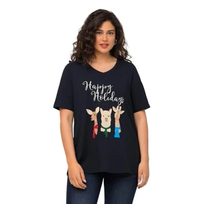 Abbildung von Ulla Popken Damen, V Neck, Christmas Tiere T Shirts, Marine, 42 44