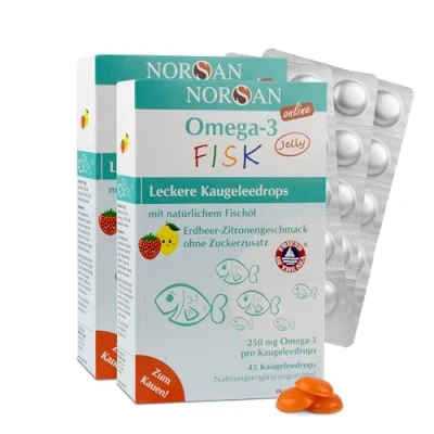 Abbildung von NORSAN Omega 3 FISK Jelly 45 hochdosiert 2er Pack (2x Jellys) / für Kinder (250 mg pro Kaugeleedrops) Öl mit EPA &amp; DHA/Tagesdosis Zitrone Erdbeer Geschmack 4 Kapseln