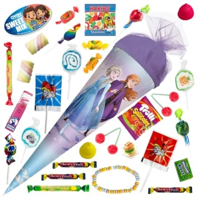 Abbildung von OYOY 35cm Schultüte gefüllt mit Süßigkeiten Mix I ROTH Anna und Elsa kleine Geschwister Einschulung Geschenk