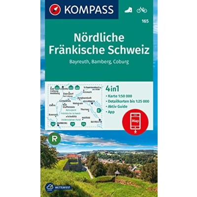 Abbildung von KOMPASS Wanderkarte 165 Nördliche Fränkische Schweiz, Bayreuth, Bamberg, Coburg 1:50.000: 4in1 mit Aktiv Guide und Detailkarten inklusive ... Verwendung in der App. Fahrradfahren.