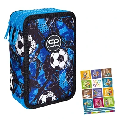 Abbildung von GOLDKIDS Federmäppchen Federtasche 3 fache Federmappe, (46 teilig gefüllte Schüleretui Stifte und Pinsel inkl., 1 tlg., Aufgabenheft Federbox Etui Stiftetasche), Schlamper Schul SOCCER Fußball