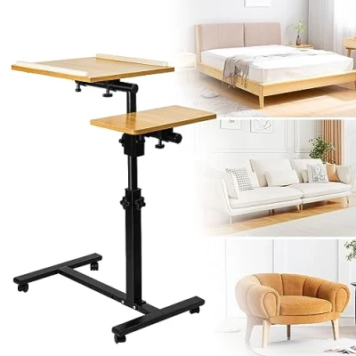 Abbildung von OHMG Beistelltisch mit Rollen,Pflegetisch höhenverstellbar,Computertisch Laptoptisch PC Tisch Rollen für Büro,Betttisch Pflegebett,Schrebitisch (Holz (70.44.65/95cm))