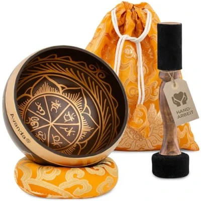 Abbildung von Tibetisches Klangschalen Set Chakra für Yoga, Meditation und Entspannung handbemalte Tibetische Klangschale Ø 10 cm, Doppel Schlägel mit Filz Leder, Ring Kissen, Beutel Anleitung