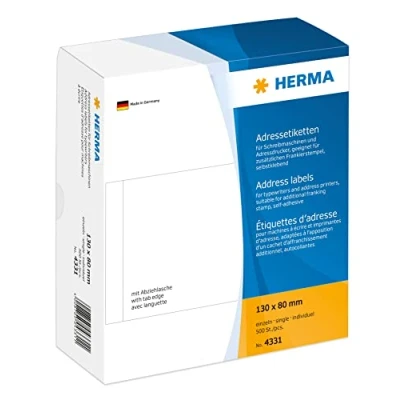 Abbildung von HERMA 4331 Adressetiketten für Schreibmaschinen, 130 x 80 mm, 500 Stück, selbstklebend, matt, einzeln, blanko Papier Adressaufkleber Klebeetiketten Aufkleber, weiß