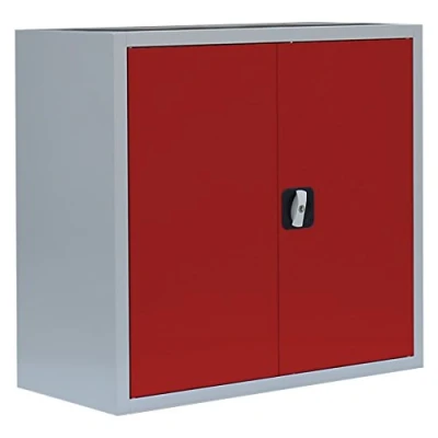 Abbildung von Flügeltürenschrank komplett montiert 75x80x38cm Metallschrank abschließbar Lagerschrank Aktenschrank 1 Fachböden 530304 grau/rot
