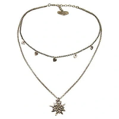 Abbildung von Alpenflüstern Metall Trachtenkette Strassedelweiss und Herzchen Damen Trachtenschmuck Dirndlkette antik Silber Farben DHK275