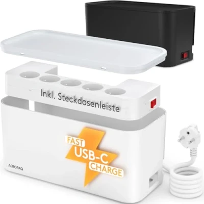 Abbildung von ACROPAQ Kabelaufbewahrungsbox Kabelabdeckung mit integrierter Steckdosenleiste Erdungsstift, geeignet für Frankreich, USB A und C Anschlüsse, Quick Charge 3.0, Steckdosensicherung