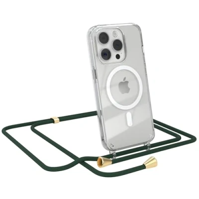 Abbildung von EAZY CASE Handykette kompatibel mit iPhone 15 Pro Kette zum Umhängen Stoßfest Handyhülle für Silikon Hülle Band Handytasche Transparent als Fallschutz in Grün