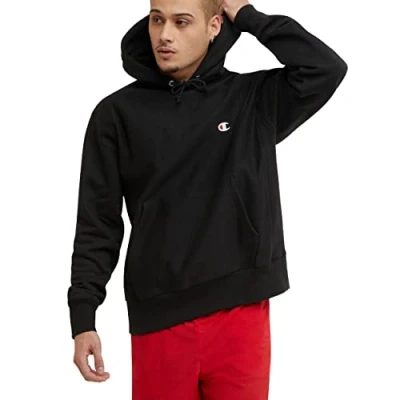 Abbildung von Champion Herren Hoodie, Reverse Weave, Fleece Comfortable Pullover Sweatshirt for Men Kapuzenpullover, Schwarz, Linke Brust, C, Large