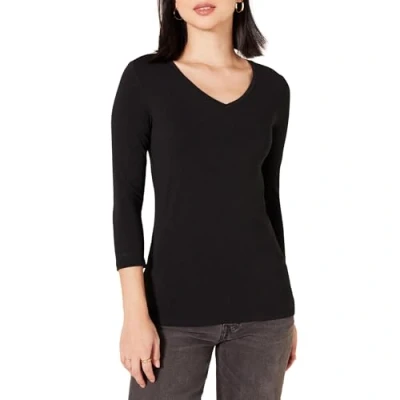 Abbildung von Amazon Essentials Damen T Shirt Mit V Ausschnitt Und 3/4 Ärmeln, Klassischer Schnitt (Erhältlich In Übergröße), Schwarz, XL