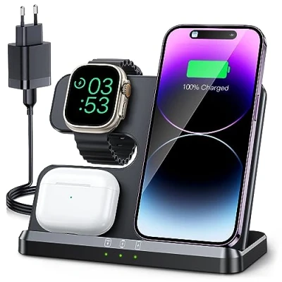 Abbildung von JARGOU 3 in 1 Kabelloses Ladegerät, Induktive Ladestation für Apple Watch und iPhone, Wireless Charger iPhone 16 15 14 13 12 11 Pro Max, 10/9/Ultra/8/7/6/SE/5/4/3/AirPods 4 2