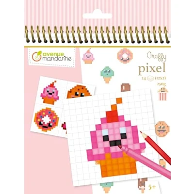 Abbildung von Avenue Mandarine GY099C Graffy Pixel, Spiralblock zum Ausmalen, 250g Zeichenpapier mit je 12 Motiven x 2, ideal für Kinder ab 5 Jahren, 1 Stück, Leckerbissen kawaï Kawaii Leckereien