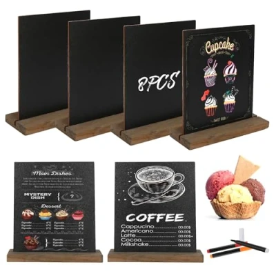 Abbildung von 8 Stück Schiefertafel Zum Beschriften Kreidetafel Klein Mit Rustikalen Holzständern Buffet Schilder Preisschilder Aufsteller Getränkekarte für Bar Café Geburtstag Hochzeit,Enthält 3 Stifte (Stil 1)