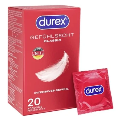 Abbildung von Durex Gefühlsecht Classic Kondome Dünne mit anatomischer Easy On Form &amp; Silikongleitgel befeuchtet 20er Pack (1 x 20 Stück)