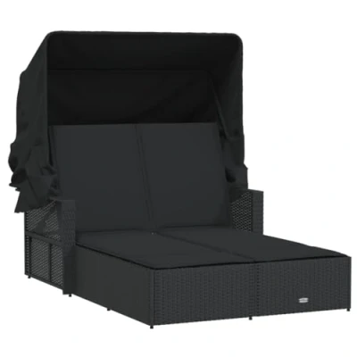 Abbildung von vidaXL Doppel Sonnenliege, Sonnenbett mit ausziehbarem Sonnendach, Doppelliege Verstellbarer Rückenlehne, Gartenmöbel Gartenliege, Schwarz Poly Rattan