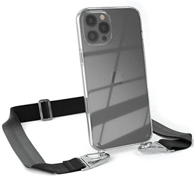 Abbildung von EAZY CASE Hülle mit Band kompatibel iPhone 12 Pro Max Handyhülle Umhängeband für Silikonhülle Transparent Schutzhülle Handykette zum Umhängen Handykordel Smartphone Schwarz