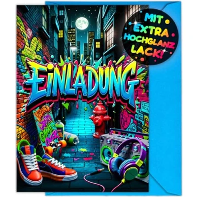 Abbildung von 12x Graffiti EINLADUNGSKARTEN KINDERGEBURTSTAG Junge Mädchen + Umschläge die frech bunten Street PARTY Karten sind EINLADUNG für Jungen Kinder GEBURTSTAG Neon KINDERPARTY Gaming