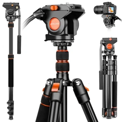 Abbildung von JOILCAN Stativ Kamera 183cm, Aluminium Videostativ mit 360 &amp; +90/ 70 Fluidkopf für DSLR/Schwere Kameras/Camcordern, Einbeinstativ Stative Schnellwechselplatte, Tragfähigkeit 30lbs