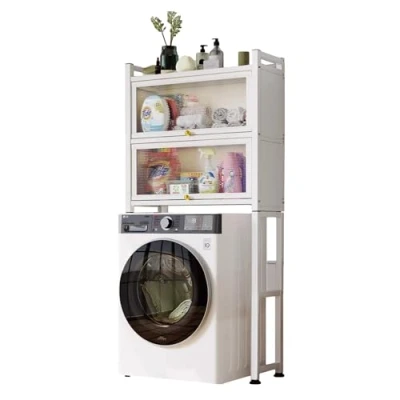 Abbildung von Regal über der Waschmaschine mit Falttüren Wasserdichtes Lagerregal Mehrzweck Organizer Sparen Sie Platz 3 Ebenen Höhenverstellbare Beine