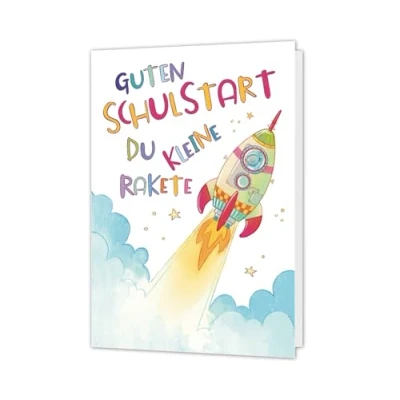 Abbildung von PICTALOO Karte Einschulung Rakete, liebevoll von Hand illustriert Glückwunschkarte Schulanfang Klappkarte Schulkind Einschulungskarte inkl. Umschlag produziert in Deutschland