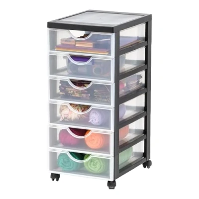 Abbildung von Iris Ohyama Kunststoff Schubladenbox mit Rollen, 6 flachen Schubladen, Schwarz, Griffe zum Ziehen, Für Schlafzimmer, Schule &amp; Büro, BPA frei, Schubladenschrank, Rollcontainer, A4 Drawer, DDDC 360