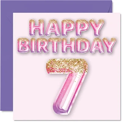 Abbildung von Geburtstagskarte zum 7. Geburtstag für Mädchen rosa und lila Glitzerballons Happy Karten 7 Jahre altes Tochter Schwester Enkelin Cousin 145 mm Seven Seventh Bday Grußkarten Geschenk