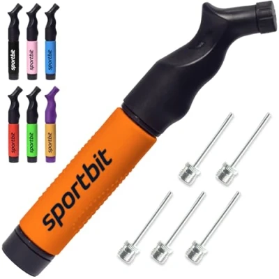 Abbildung von SPORTBIT Ballpumpe mit 5 Nadeln Set Handpumpensystem zum Aufpumpen Passt für jeden Sportball Volleyball Basketball Fußball Gymnastik Soccer Ball, Aufblasgerät Luftpumpe