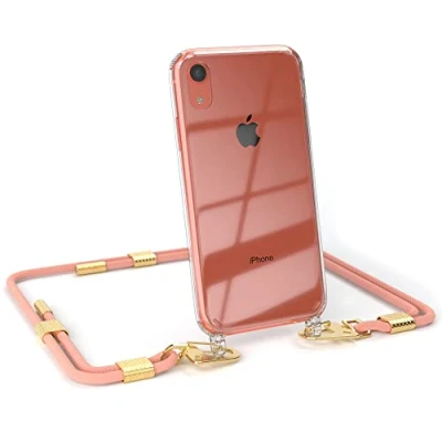 Abbildung von EAZY CASE kombinierbare Handyketten kompatibel mit iPhone XR, Transparente Silikon Hülle stylischen rundem Umhängeband, Abnehmbarer Karabiner, Band, Handykordel, Korall Clips Gold