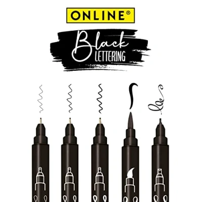 Abbildung von Online Pen Fineliner Black Lettering, 5x Handlettering Stifte Set, schwarz, wasserfest, verschiedene Spitzen