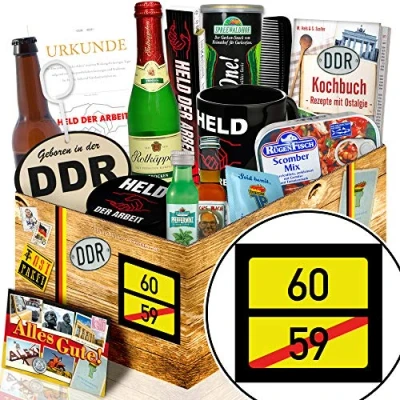 Abbildung von Ortsschild 60 + Geschenke zum Geburtstag Mann DDR Geschenkbox