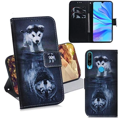 Abbildung von DodoBuy Huawei P30 Lite Hülle Flip PU Leder Schutzhülle Handy Tasche Case Cover Wallet Standfunktion mit Kartenfächer Magnetverschluss für Hund Wolf