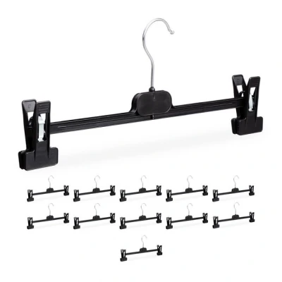 Abbildung von Relaxdays Hosenbügel 12er Set, 2 Klammern, Clipkleiderbügel für Hosen &amp; Röcke, HBT: 15x35,5x2,5 cm, PP Eisen, schwarz
