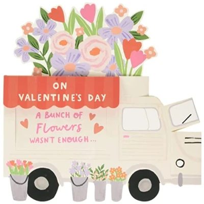 Abbildung von Valentinstagskarte für Sie mit Umschlag modernes Design Pop Up Blumenwagen