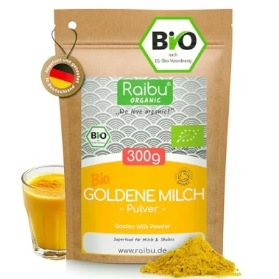 Abbildung von Goldene Milch Pulver BIO 300g Golden Milk mit Kurkuma Ashwagandha Latte Mix Zimt, Ingwer Ayurveda Geschenke Raibu Naturprodukte