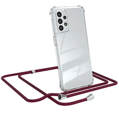 Abbildung von EAZY CASE Handykette kompatibel mit Samsung Galaxy A23 (5G) Handyhülle Umhängeband, Handykordel Schutzhülle, Silikonhülle, Hülle Band, Stylische Kette für Smartphone, Burgunder Rot